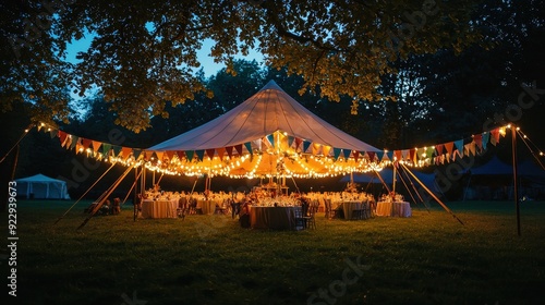 Party tent decorated with colorful bunting and fairy lights