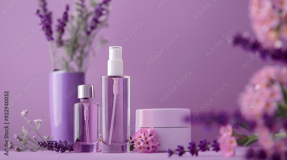 natural cosmetics bottle containers on purple background