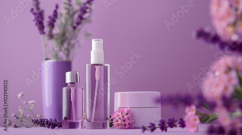 natural cosmetics bottle containers on purple background