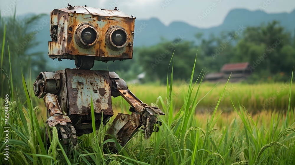Obraz premium Rusty Robot Tending to Traditional Thai Rice Field