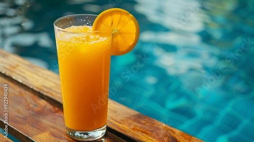 Orange juice with carrot slice in cocktail glass on wooden table at outdoor swimming pool