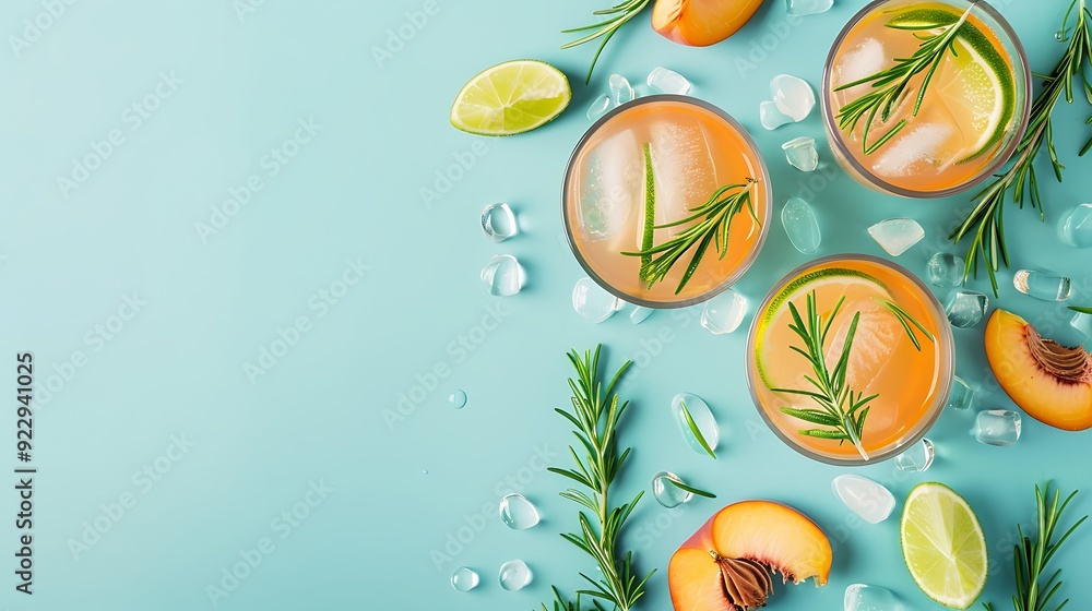 Peach cocktail fizz ice tea with fresh rosemary and lime on Blue background Peach cocktail fizz ice tea with fresh rosemary and lime on Blue background