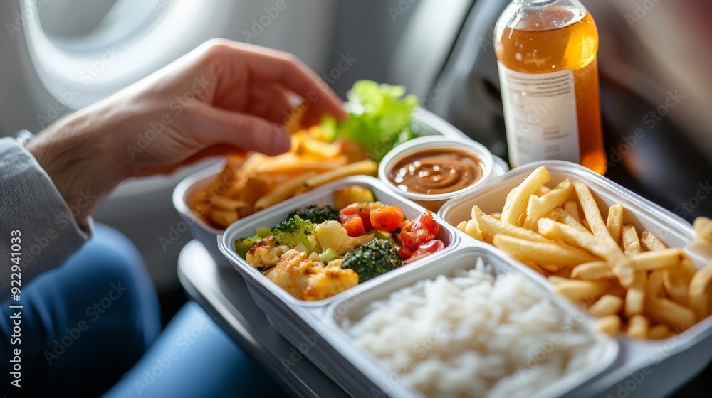 A close-up of an airplane food tray with delicious meal, including rice and vegetables in the middle section A close-up of an airplane food tray with delicious meal, including rice and vegetables in the middle section