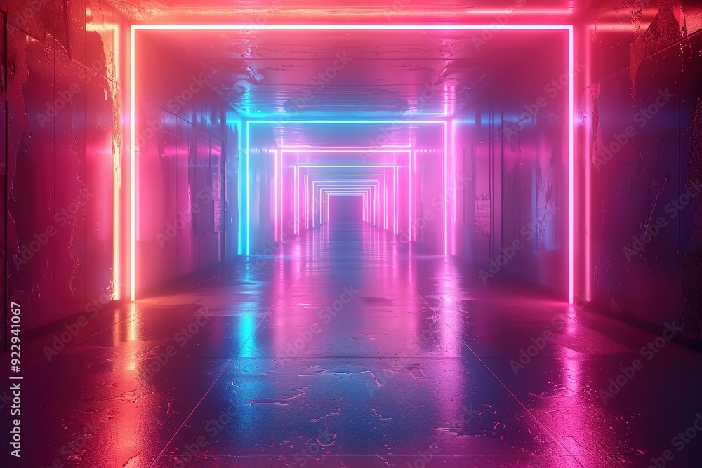Empty corridor with neon lights and a wet floor. Empty corridor with neon lights and a wet floor.