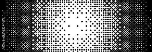 Bitmap radial gradient texture. Black and white dither circle pattern background. Fading pixelated glitch pattern. 8 bit video game screen wallpaper. Vanishing round pixel art retro backdrop. Vector