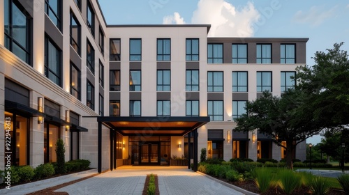 This image showcases the impressive architecture and design of a modern hotel building  The high rise structure features a sleek contemporary facade with extensive glass windows and a stylish