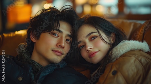 Asian Man And Woman Sharing A Tender Moment, With The Woman Lying On The Couch