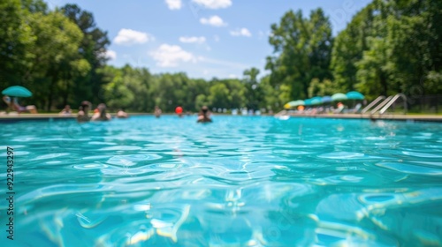 A happy family of parents and children splashing and playing in the cool inviting waters of an outdoor pool on a sunny summer day surrounded by lush greenery and a peaceful tranquil atmosphere