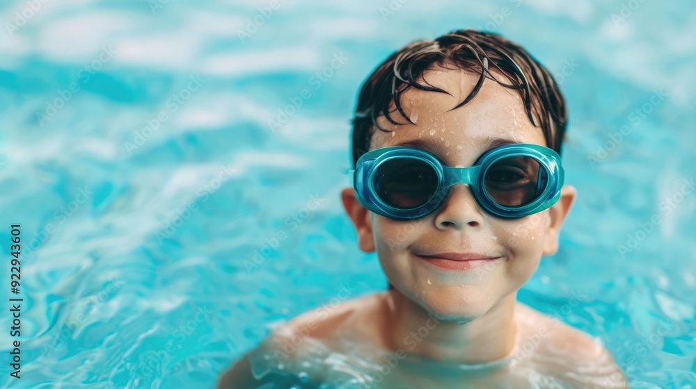 Naklejka premium Young boy enjoys taking swimming lessons with a swimming instructor in an outdoor pool during the summer He is wearing goggles and splashing in the cool blue water with a happy active expression