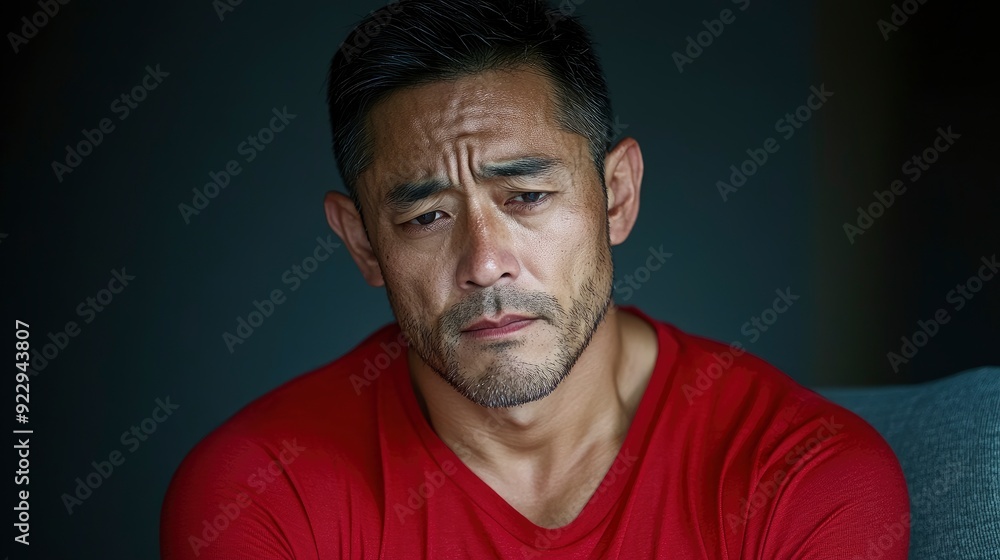 Asian Man Massaging Sore Muscles On The Sofa, Dealing With Back Pain Asian Man Massaging Sore Muscles On The Sofa, Dealing With Back Pain