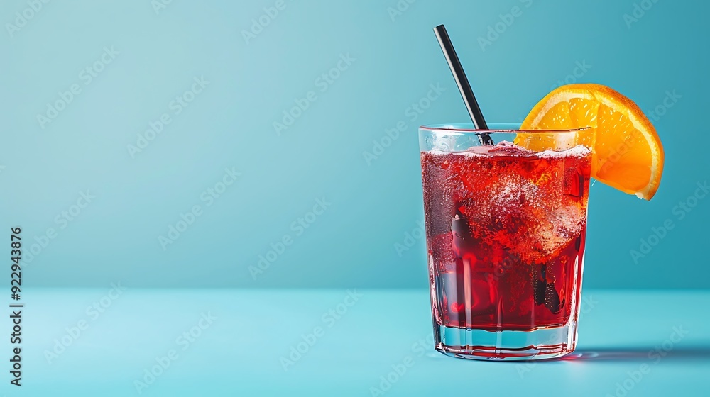 Red cosmopolitan cocktail in old fashioned glass with slice of orange and black straw on blue background Red cosmopolitan cocktail in old fashioned glass with slice of orange and black straw on blue background