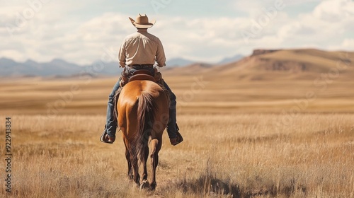 A cowboy on horseback travels through a wide-open grassland, surrounded by rolling hills and mountains under a bright sky.