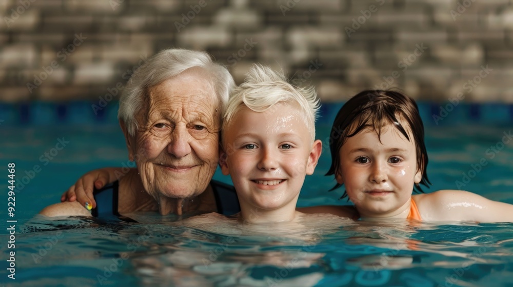 Fototapeta premium Grandparents and Grandchildren Joyfully Swimming Together in the Pool Capturing the Warmth and Closeness of Family Bonding during a Leisure Activity