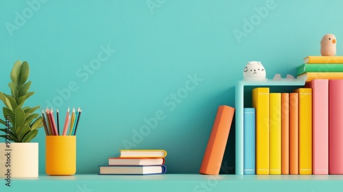 Cozy Study Space with Watercolor Bookshelves - Flat Design Illustration for Dedicated Learning Environment with Copy Space for Text