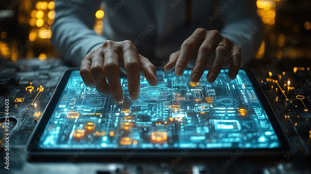 Businessman using AI-powered tablet to analyze complex real-time data sets, with a digital interface overlay showcasing key insights and trends. Businessman using AI-powered tablet to analyze complex real-time data sets, with a digital interface overlay showcasing key insights and trends.