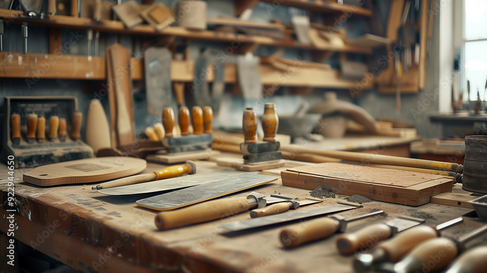 Stone mason work tools. Trowels, levels, and mortar boards, tools arranged neatly on a workbench. Stone mason work tools. Trowels, levels, and mortar boards, tools arranged neatly on a workbench.