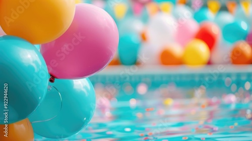 Vibrant and festive children s pool party with colorful toys and a deep depth of field creating a joyful playful atmosphere for summer fun and