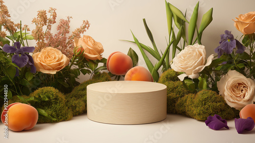 Elegant Studio Mockup Scene with Floral Elements and Pedestal. this composition is ideal for beauty product mockups