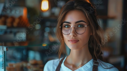 A beautiful saleswoman is waiting to receive orders from customers.