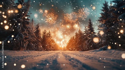 Winter Wonderland Fireworks Celebration in Snowy Forest - Festive New Year's Eve Night