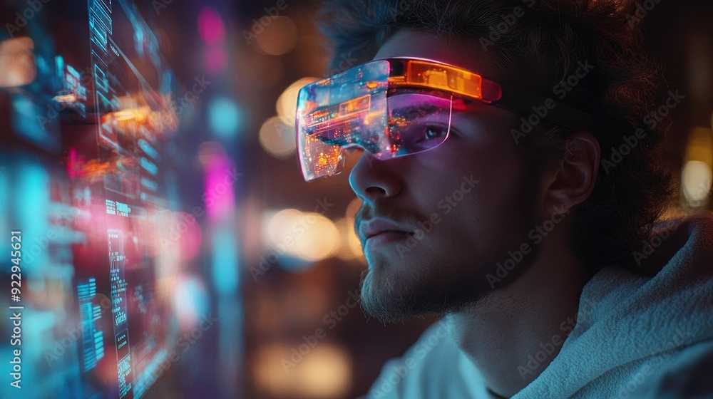 Obraz premium Young man wearing futuristic AR glasses exploring virtual data in vibrant technology setting