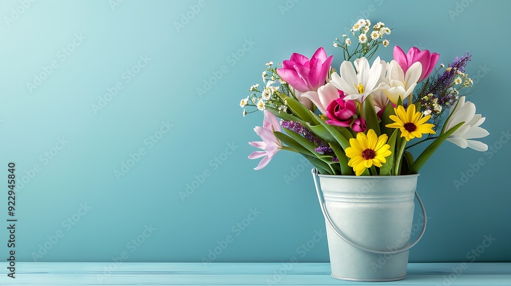 spring flowers in bucket on blue background spring flowers in bucket on blue background