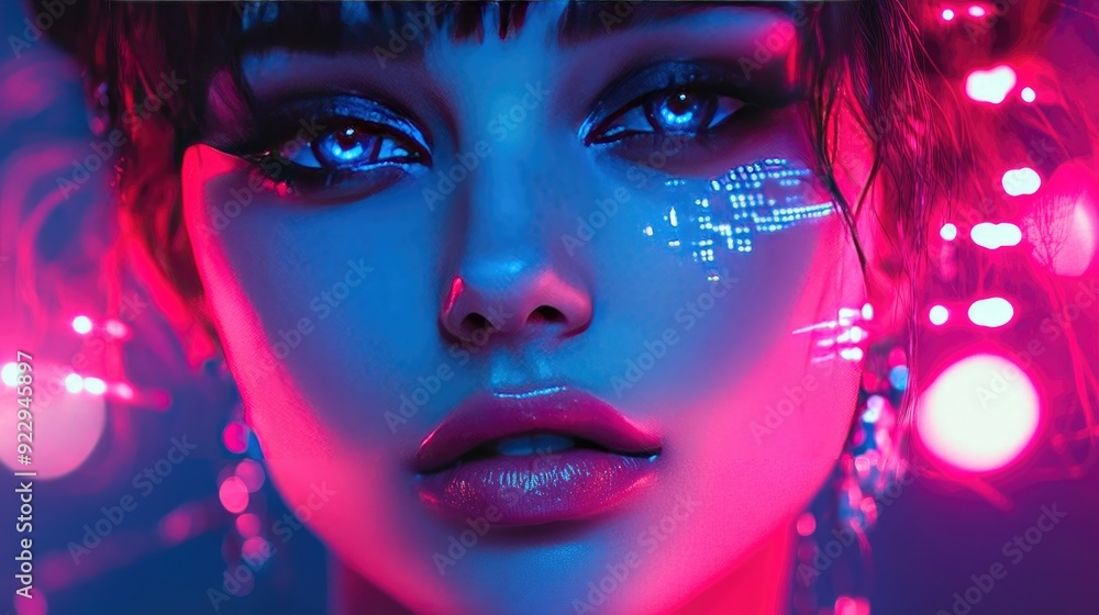 Close-Up Cyberpunk Woman with Neon Lights and Futuristic Aesthetic Close-Up Cyberpunk Woman with Neon Lights and Futuristic Aesthetic