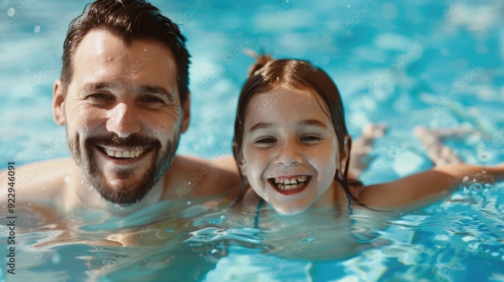 Joyful Family Swim Time in the Refreshing Pool During Summer Vacation A young child and their parent playfully splashing and laughing together in the cool water Joyful Family Swim Time in the Refreshing Pool During Summer Vacation A young child and their parent playfully splashing and laughing together in the cool water