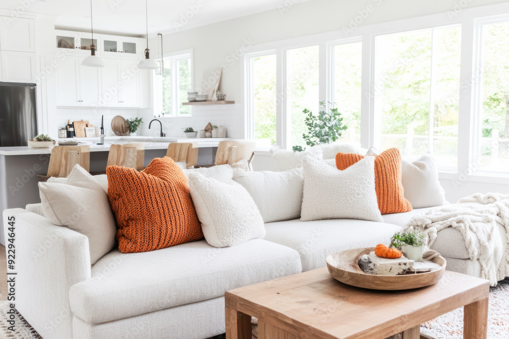 Modern house interior living room sofa with orange chunky knit pillows Modern house interior living room sofa with orange chunky knit pillows