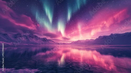 ** Stunning Northern Lights Aurora Borealis Reflected Over Serene Arctic Landscape at Dusk