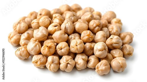 Heap of preserved chickpeas isolated on white background, top view