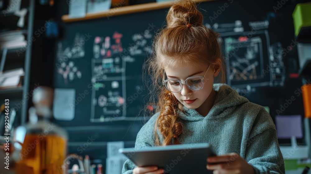 Focused Girl with Glasses Using Tablet for Learning in Creative Home Classroom Focused Girl with Glasses Using Tablet for Learning in Creative Home Classroom