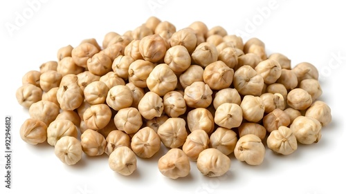 Heap of preserved chickpeas isolated on white background, top view