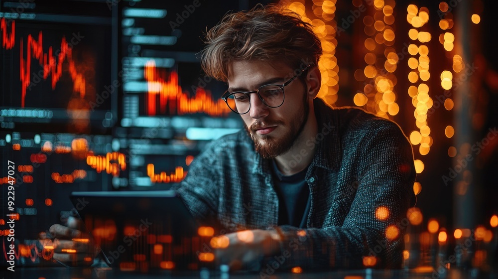 Pensive Young Man Analyzing Stock Market Data on Tablet in Neon-Lit Room Pensive Young Man Analyzing Stock Market Data on Tablet in Neon-Lit Room