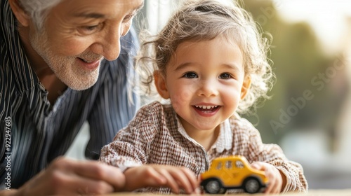 Smiling boy and elderly grandparents bond over  game, showcasing intergenerational love and fun photo