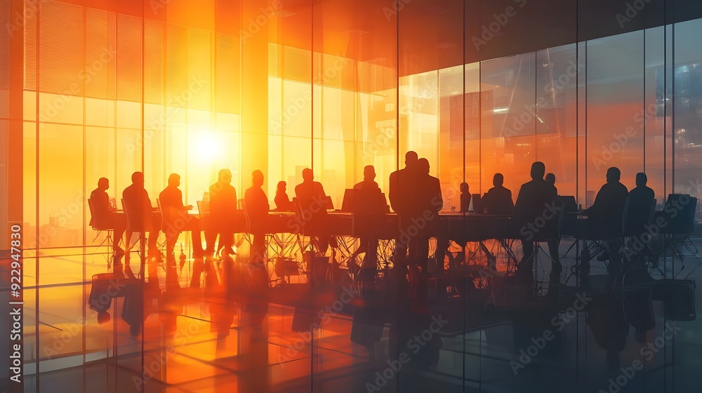 Fototapeta premium Warm Sunlight Illuminates Corporate Meeting in Glass Walled Room