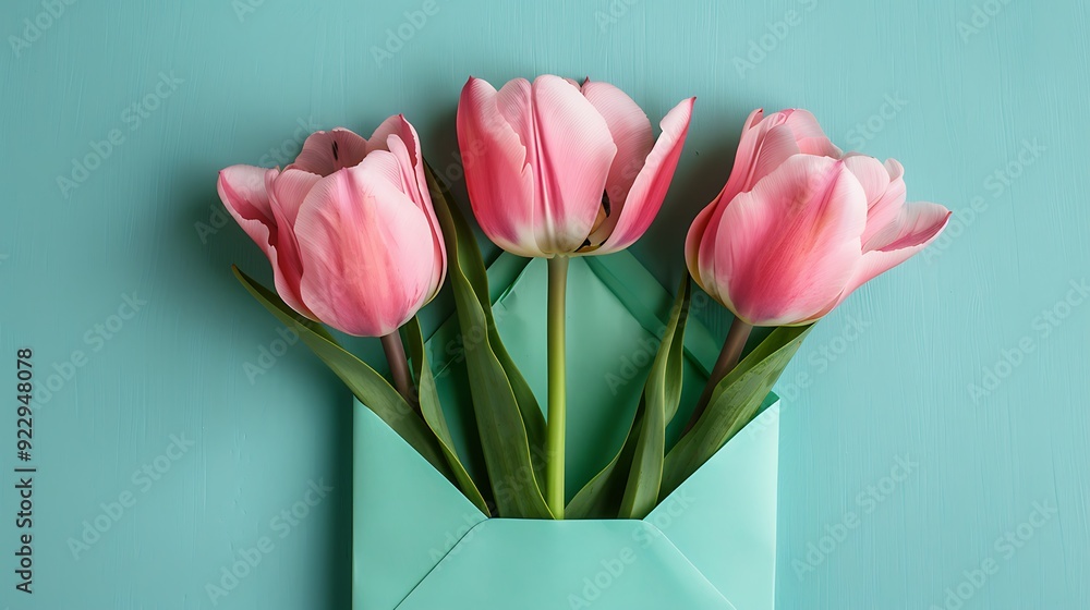 Fototapeta premium Three pink tulips in turquoise envelope on blue background