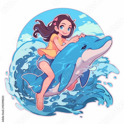 A cute girl riding dolphins