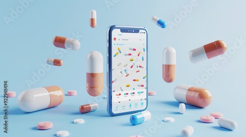 Smartphone with Medicine App and Pills Scattered Around photo