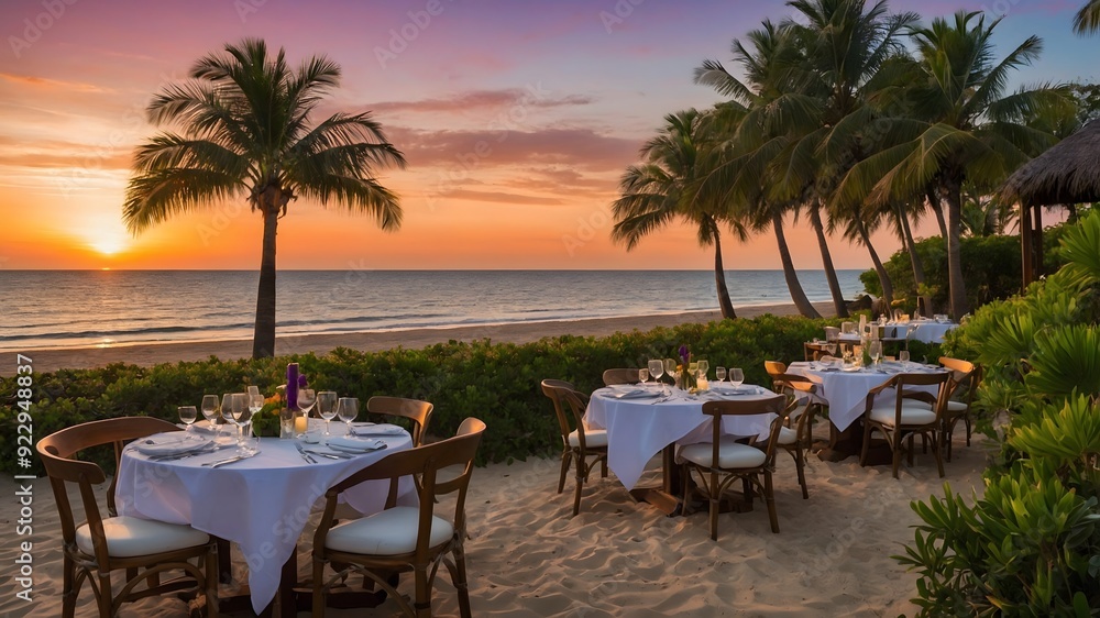 Obraz premium Table setting at tropical beach restaurant. Led light candles and wooden tables, chairs under beautiful sunset sky, sea view.