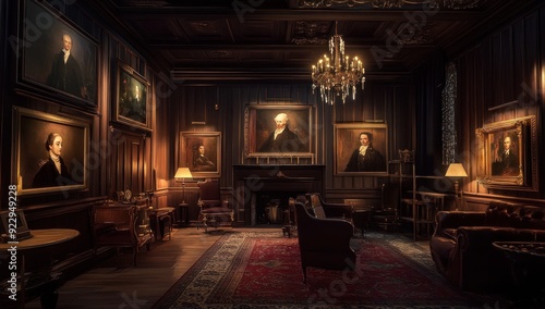 Dark and Elegant Library Interior with Portraits