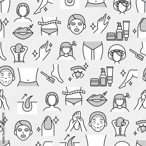 Beauty treatment make up hair saloon parlour makeover dermatologist seamless pattern doodle hand drawn line icons set background simple modern symbol wallpaper backdrop minimalist illustration