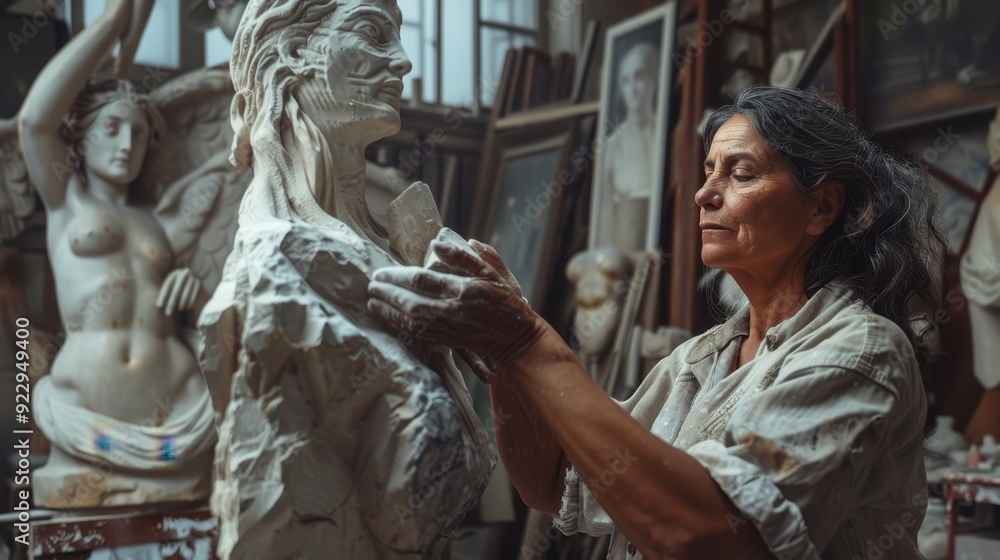 A skilled sculptor works intently on a sculpture in a vibrant art studio filled with creative works A skilled sculptor works intently on a sculpture in a vibrant art studio filled with creative works