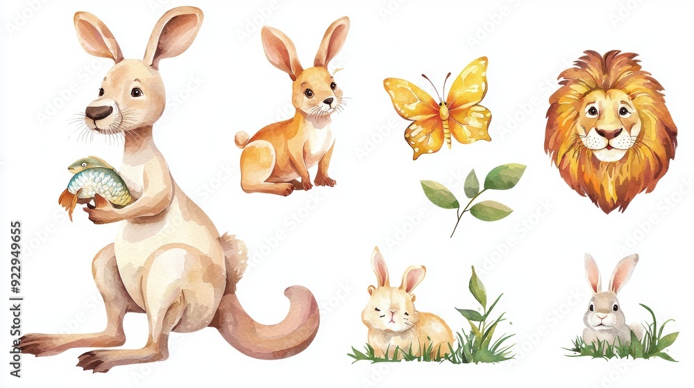 Serene Watercolor Menagerie - Kangaroo, Otter, Lion, Butterfly, Bunny on White Background Serene Watercolor Menagerie - Kangaroo, Otter, Lion, Butterfly, Bunny on White Background