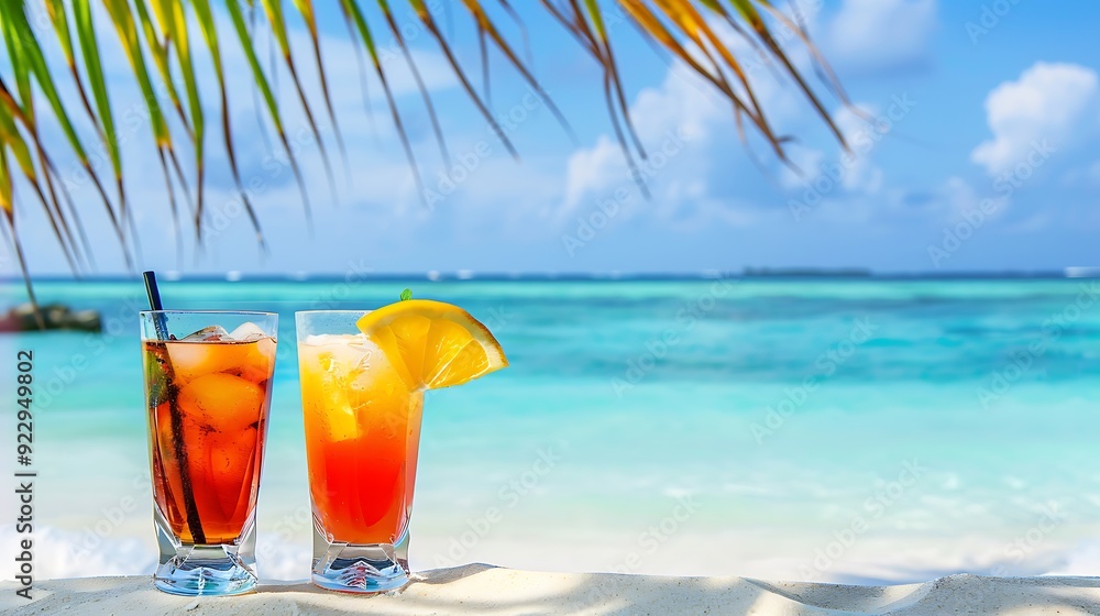Two tasty alcoholic cocktails on tropical white beach Two tasty alcoholic cocktails on tropical white beach