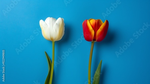 Two tulip flowers on blue background