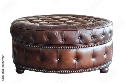 A stylish brown leather ottoman featuring tufted design and elegant nailhead trim, perfect for any modern living space. photo