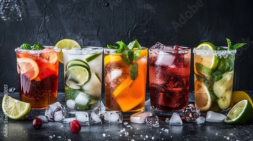 Variety of refreshing coctails with ice in glasses
