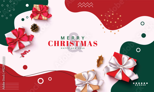 Christmas greetings vector template design. Merry christmas greeting text in abstract pattern background with colorful gift box elements for xmas holiday season. Vector illustration invitation card 