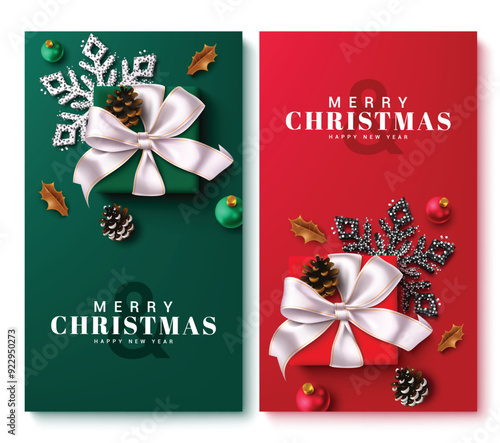 Christmas greeting vector poster set design. Merry christmas greeting text with gift box, xmas balls, spruce and glitter snowflakes elements in empty space colorful background. Vector illustration new